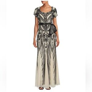 R & M Richards Short Sleeve Sweetheart Neck Embellished Sequin Panel Godet Dress